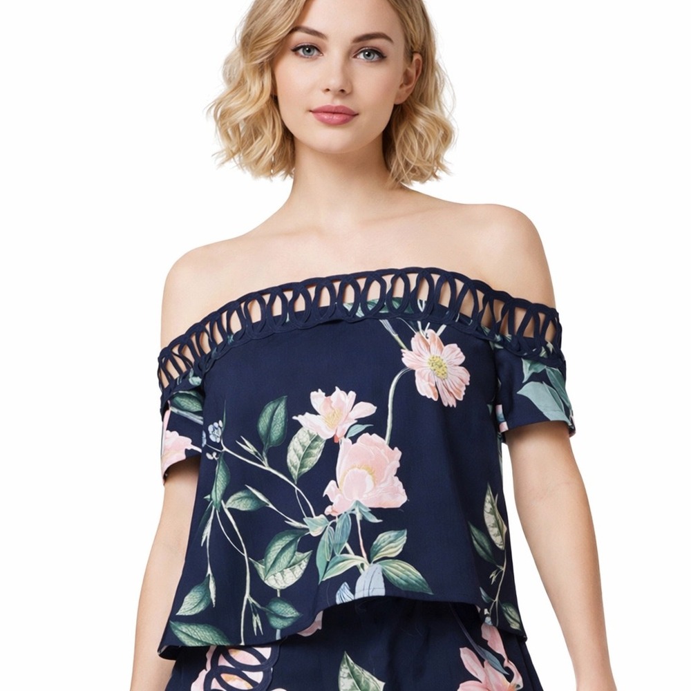 Keepsake Off The Shoulder Top Size M Navy Floral Garden Crochet Cropped Corset